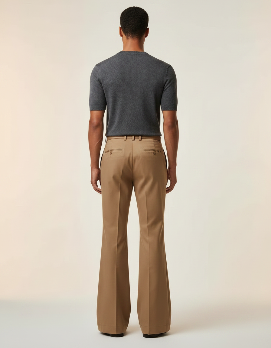 Pantalon Marron Évasé Homme Fluide Chic Élégant - Camel Gabardine - vue 2