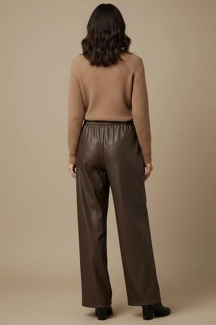 Pantalon Marron Similicuir Ample Taille Haute - Simili cuir - vue 2