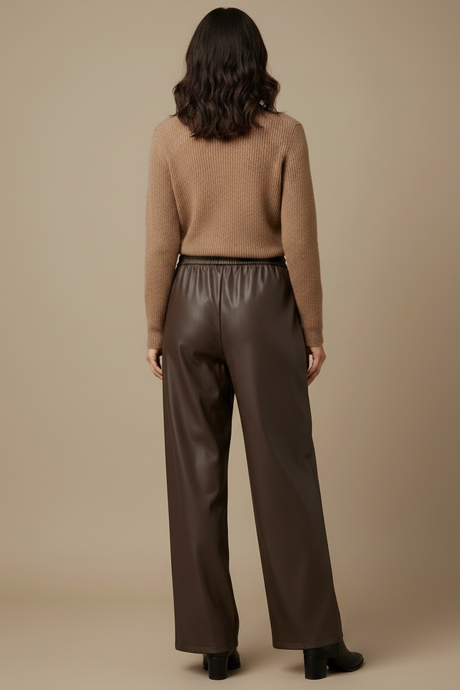 Pantalon Marron Similicuir Ample Taille Haute - Simili cuir - vue 2