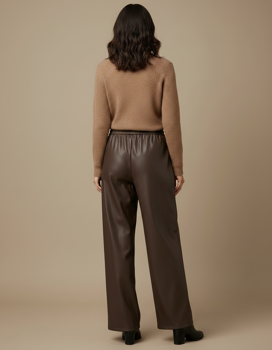 Pantalon Marron Similicuir Ample Taille Haute - Simili cuir - vue 2