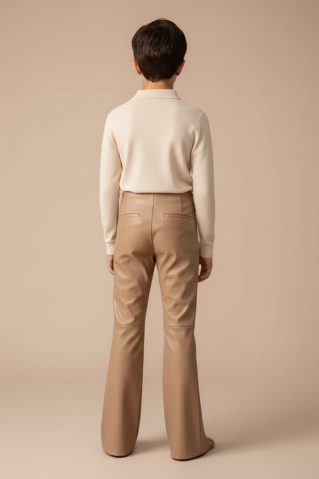 Pantalon Marron Similicuir Fendu Taille Haute Élégant - Camel Simili cuir - vue 2