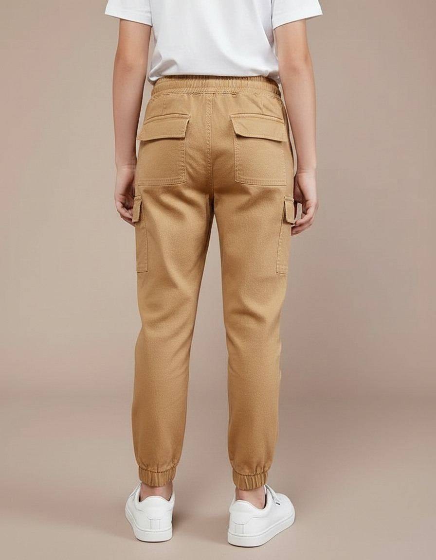 Pantalon Marron Garçon Coton Cargo Jogger Élastique - Camel - vue 2