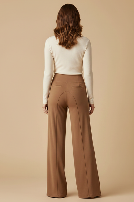Pantalon Marron Droit Taille Haute Élastique Confortable - Maille - vue 2