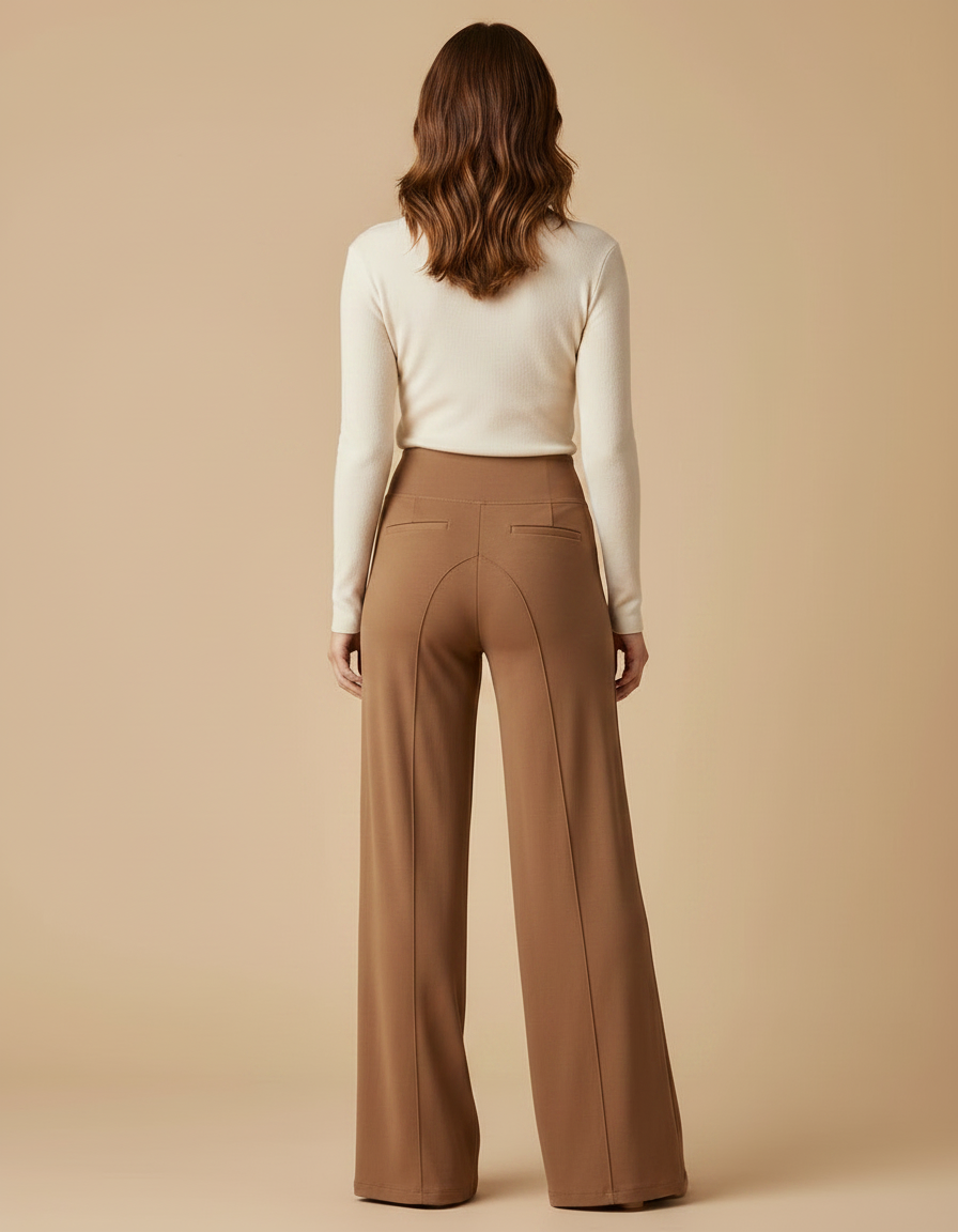 Pantalon Marron Droit Taille Haute Élastique Confortable - Maille - vue 2