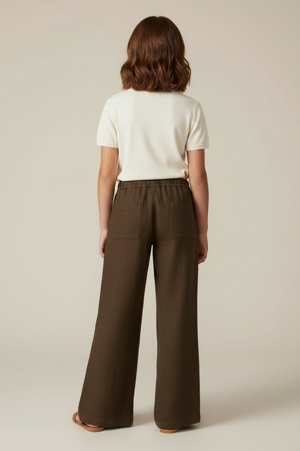 Pantalon Marron Ample Lin Cordon Fille - vue 2