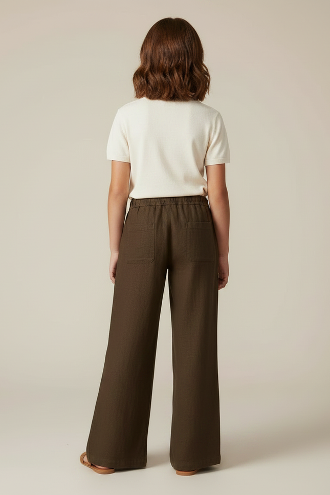 Pantalon Marron Ample Lin Cordon Fille - vue 2