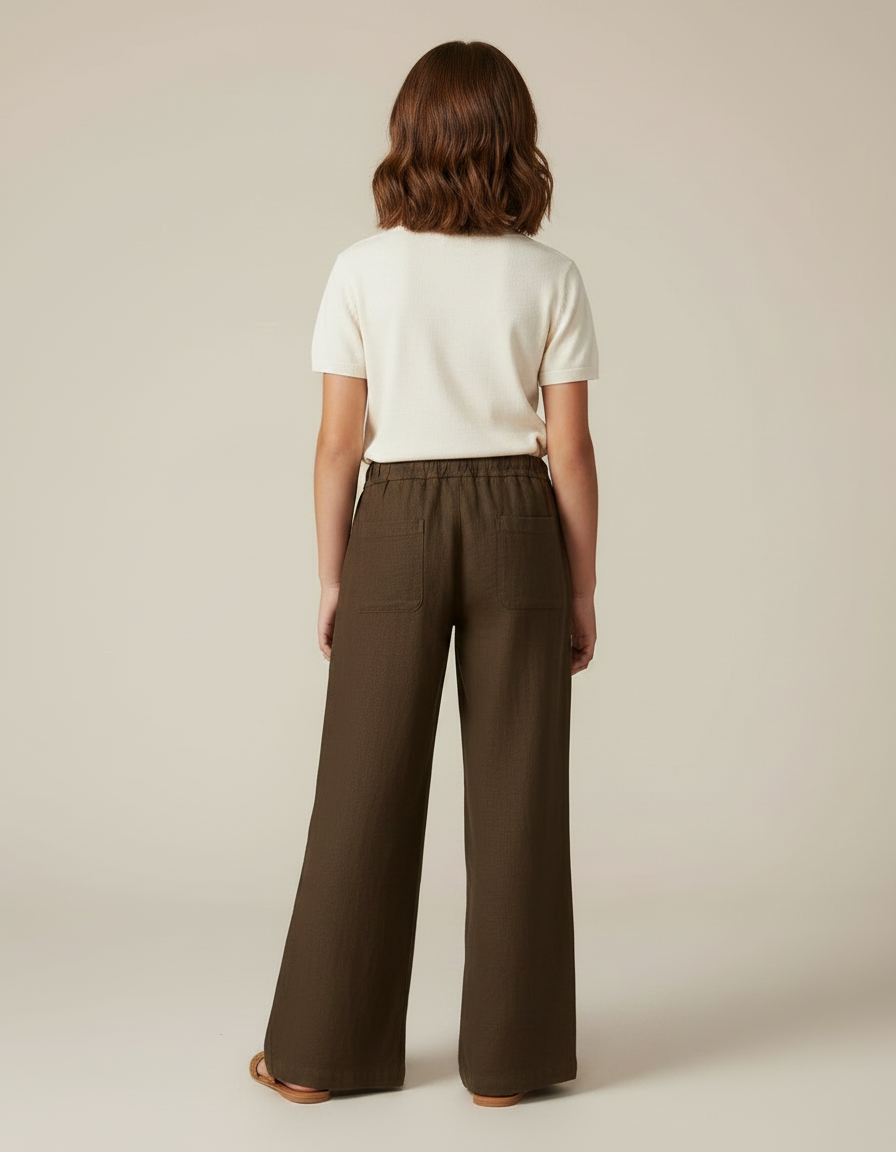 Pantalon Marron Ample Lin Cordon Fille - vue 2