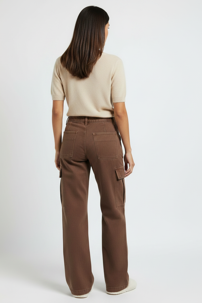 Pantalon Marron Cargo Ample Taille Haute Femme - Toile - vue 2