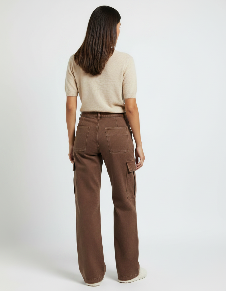 Pantalon Marron Cargo Ample Taille Haute Femme - Toile - vue 2