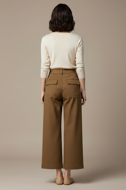 Pantalon Marron Large Coton Taille Haute Décontracté - Gabardine - vue 2