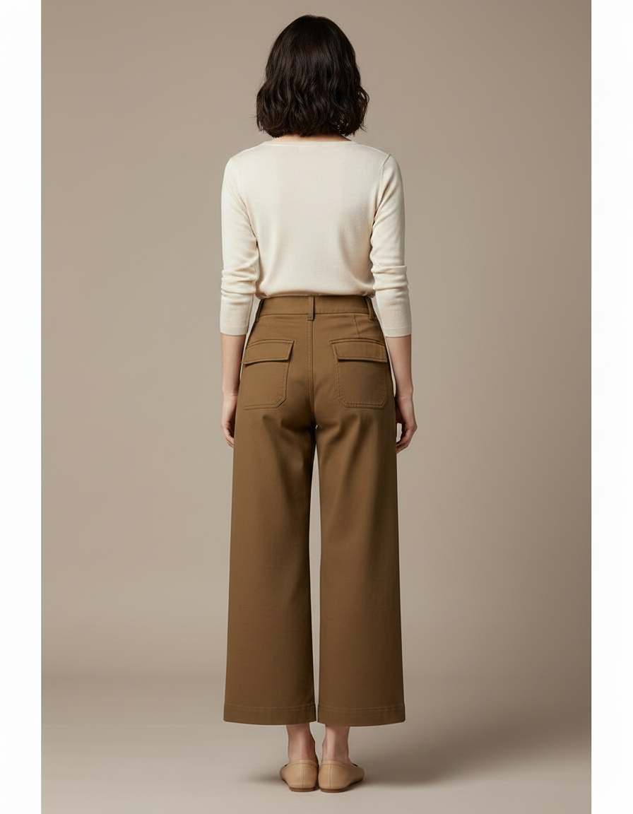 Pantalon Marron Large Coton Taille Haute Décontracté - Gabardine - vue 2
