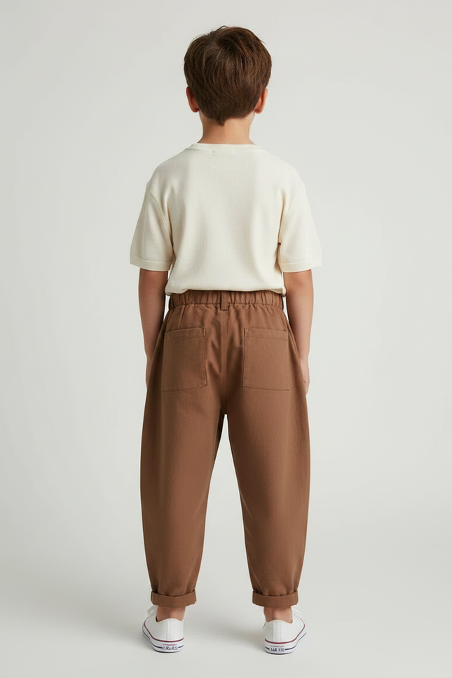 Pantalon Marron Ample Coton Décontracté Élastique Enfant - vue 2