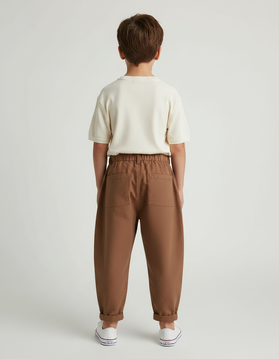 Pantalon Marron Ample Coton Décontracté Élastique Enfant - vue 2