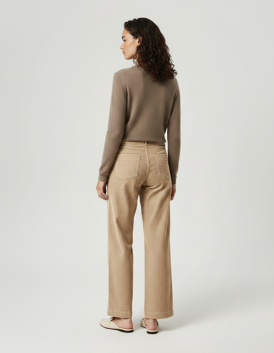 Pantalon Marron Ample Côtelé Décontracté Beige Élégant Femme - Camel Cordé - vue 2