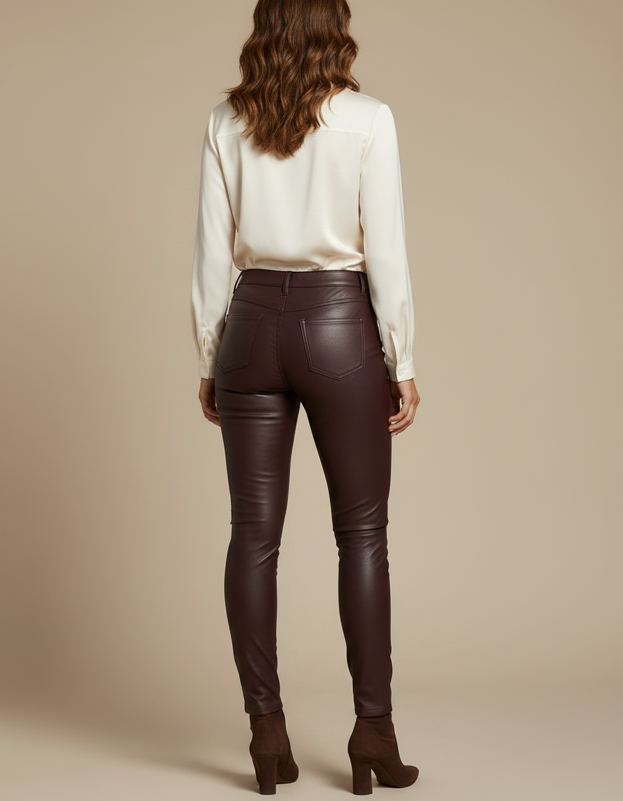Pantalon Marron Similicuir Skinny Taille Haute Femme - Bordeaux Simili cuir - vue 2