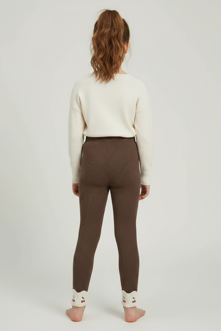 Pantalon Marron Côtelé Fille Brodé Cerises Confortable - Maille - vue 2
