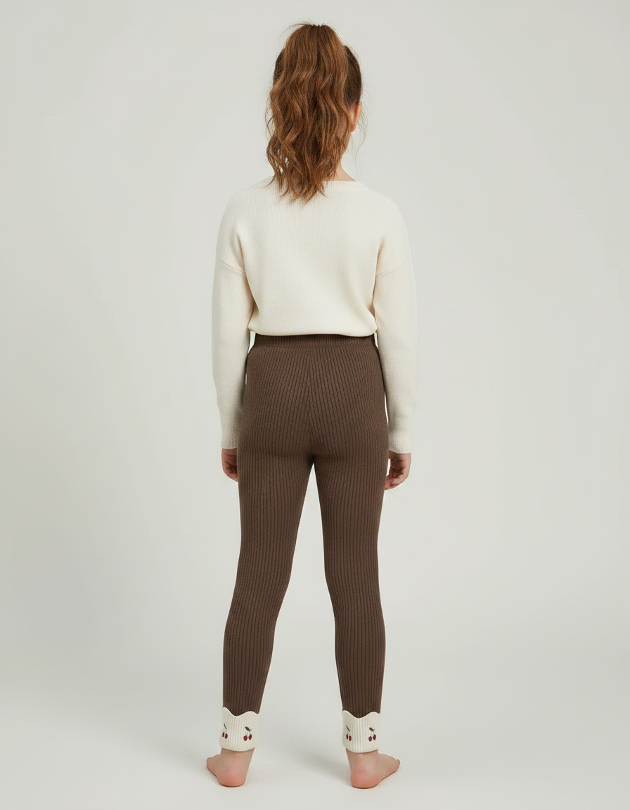 Pantalon Marron Côtelé Fille Brodé Cerises Confortable - Maille - vue 2