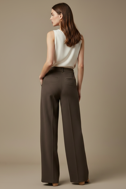 Pantalon Marron Ample Droit Taille Haute Élégant - Gabardine - vue 2