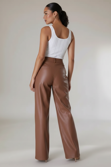 Pantalon Marron Similicuir Ample Taille Haute Plissé - Simili cuir - vue 2