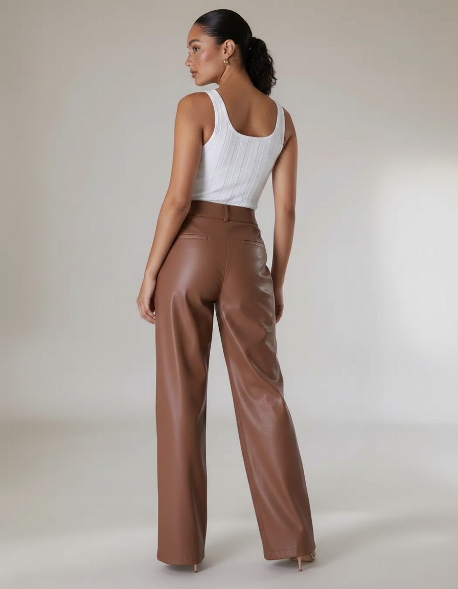 Pantalon Marron Similicuir Ample Taille Haute Plissé - Simili cuir - vue 2