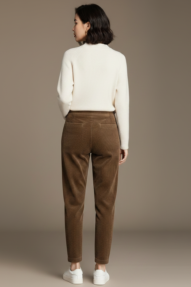 Pantalon Marron Côtelé Taille Haute Harem Épais Chaud - Cordé - vue 2