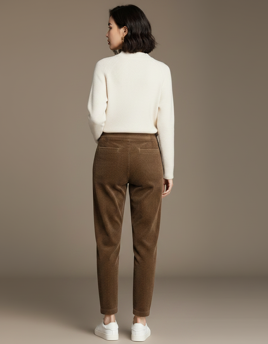 Pantalon Marron Côtelé Taille Haute Harem Épais Chaud - Cordé - vue 2