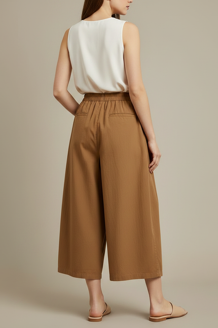 Pantalon Marron Coton Ample Plissé Décontracté Femme - vue 2