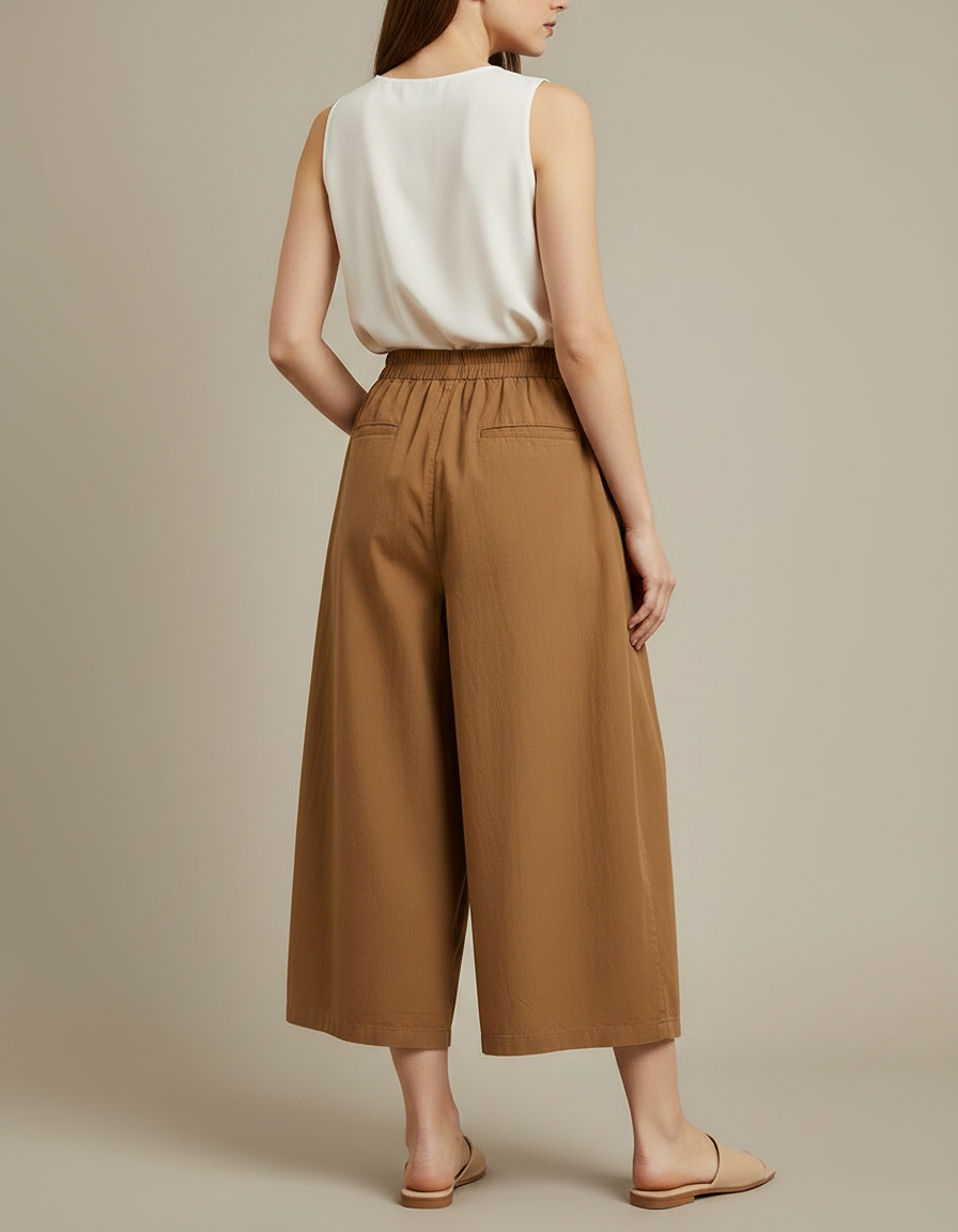 Pantalon Marron Coton Ample Plissé Décontracté Femme - vue 2