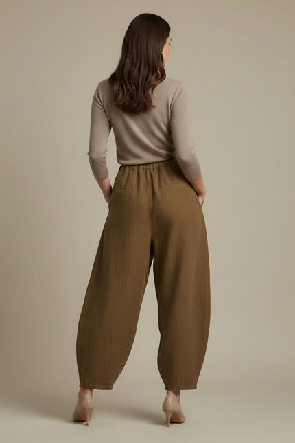 Pantalon Marron Ample Lin Coton Élastique Femme - Kaki - vue 2