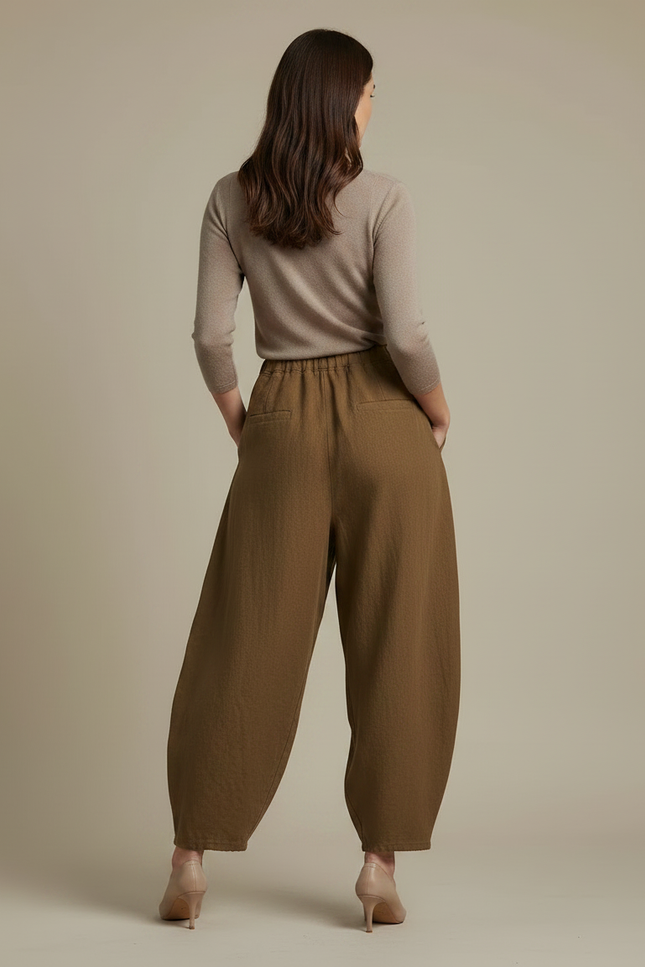 Pantalon Marron Ample Lin Coton Élastique Femme - Kaki - vue 2