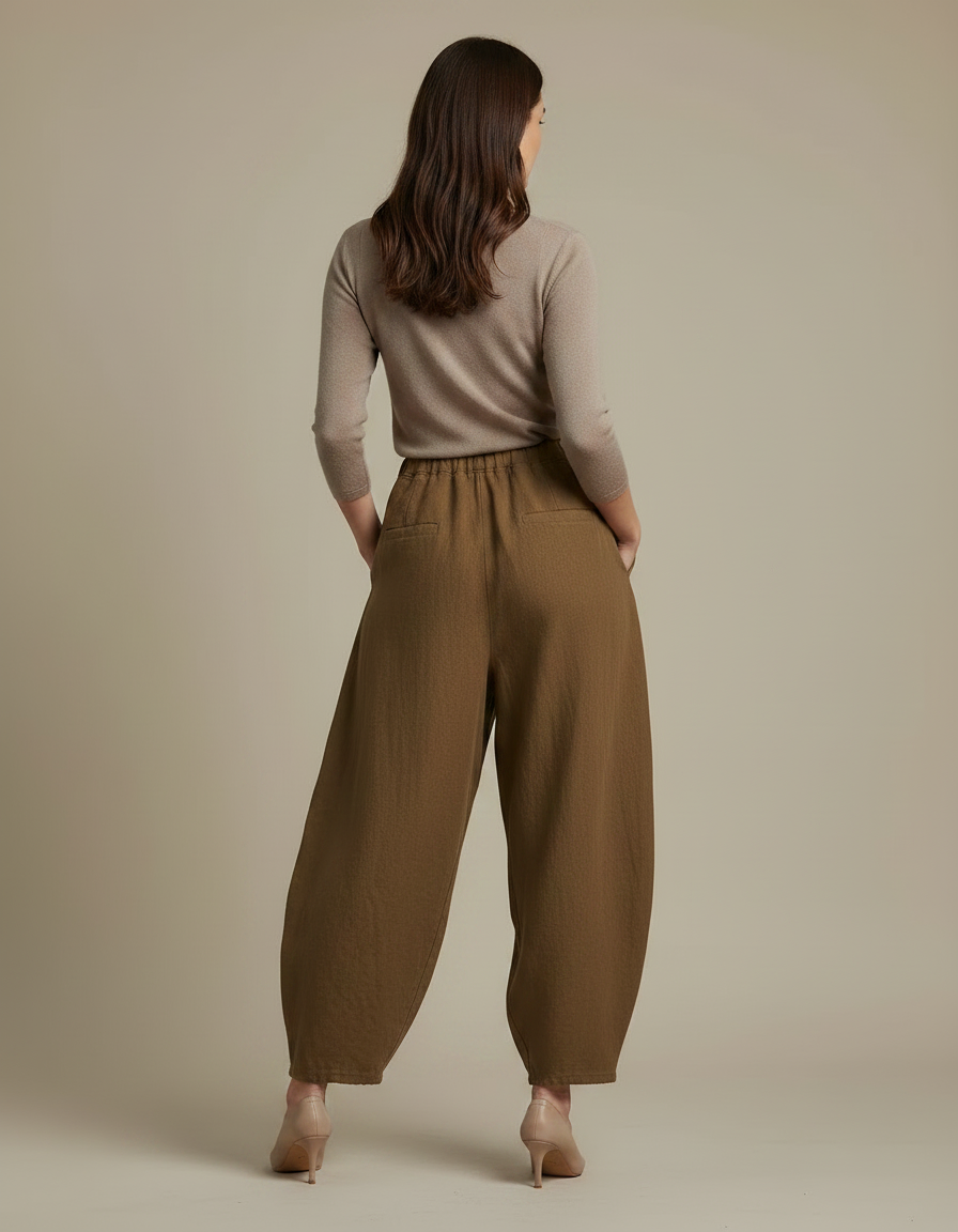 Pantalon Marron Ample Lin Coton Élastique Femme - Kaki - vue 2