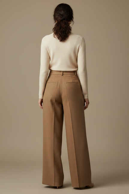 Pantalon Marron Ample Plissé Laine Élégant Femme - Camel - vue 2