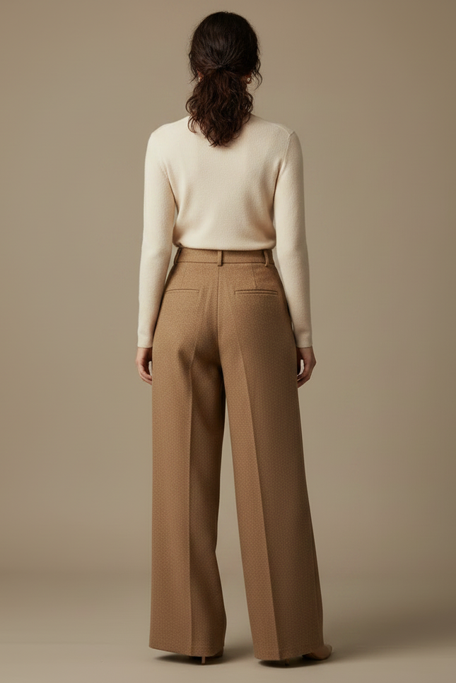 Pantalon Marron Ample Plissé Laine Élégant Femme - Camel - vue 2