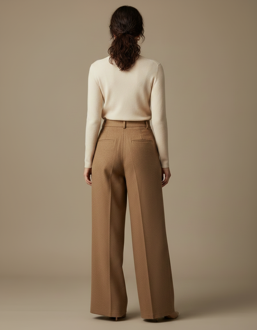 Pantalon Marron Ample Plissé Laine Élégant Femme - Camel - vue 2