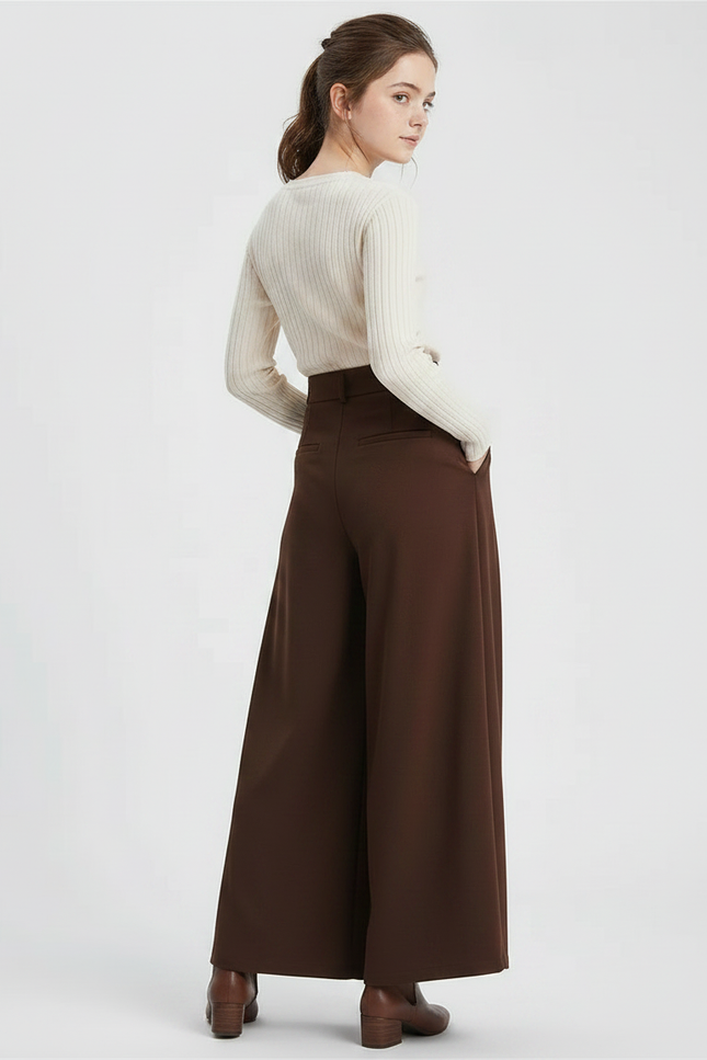Pantalon Marron Large Plissé Taille Haute Élégant Femme - Polyester - vue 2