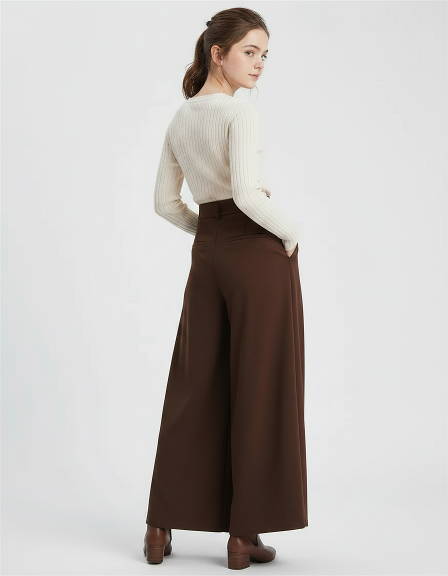 Pantalon Marron Large Plissé Taille Haute Élégant Femme - Polyester - vue 2