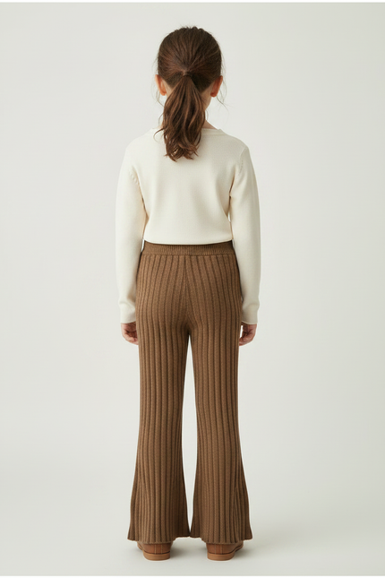 Pantalon Marron Côtelé Évasé Tricoté Confortable Enfant - Maille - vue 2