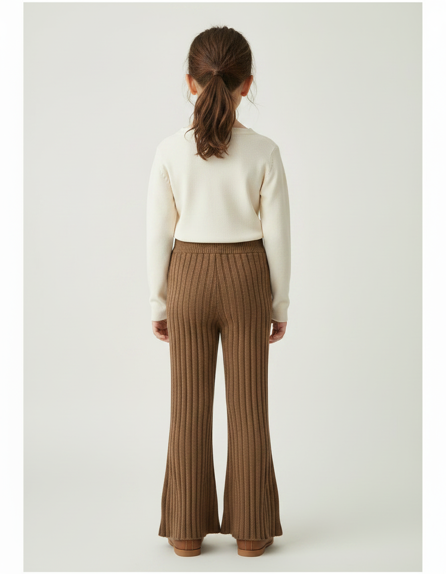 Pantalon Marron Côtelé Évasé Tricoté Confortable Enfant - Maille - vue 2