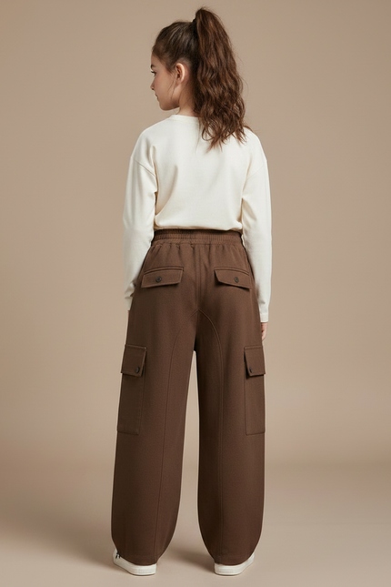 Pantalon Marron Cargo Ample Enfant Fille Poches - Molleton - vue 2