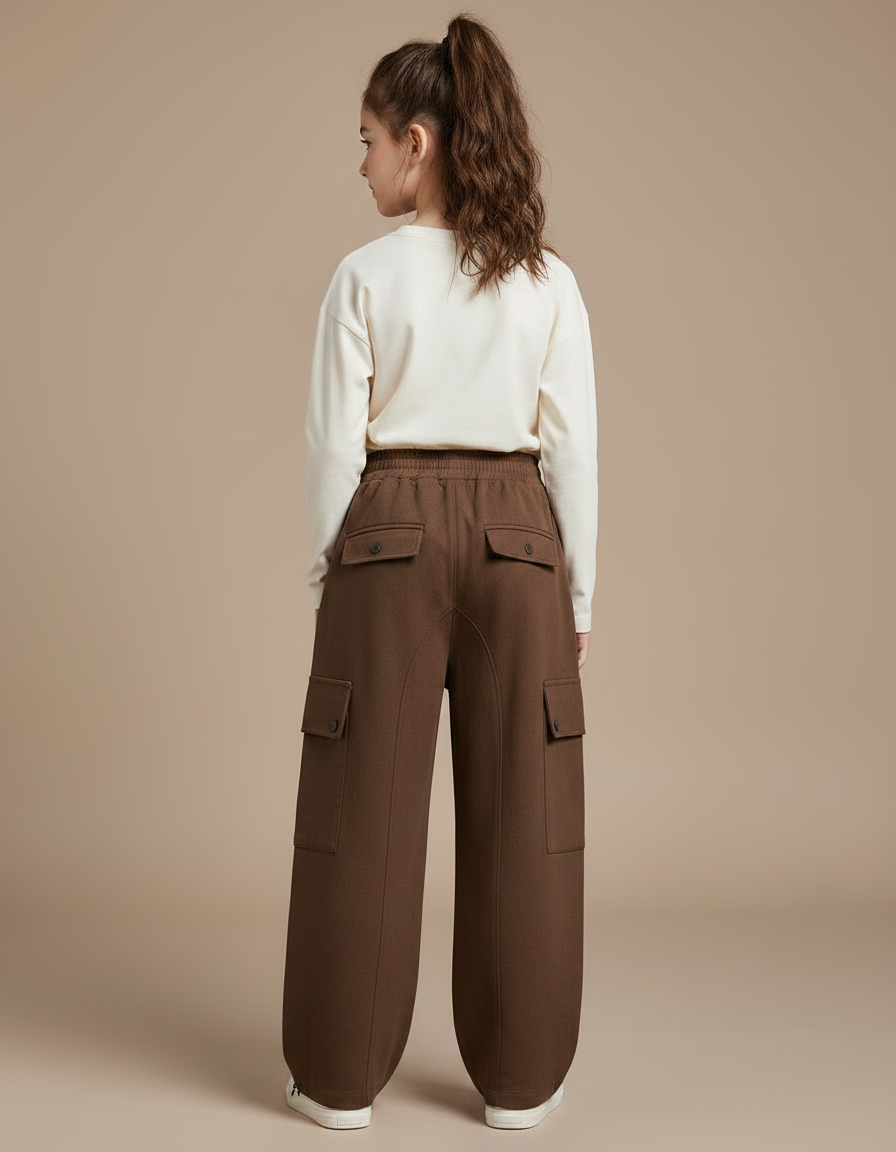 Pantalon Marron Cargo Ample Enfant Fille Poches - Molleton - vue 2