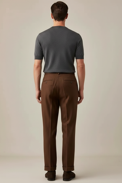 Pantalon Marron Plissé Laine Droit Élégant Hiver - vue 2