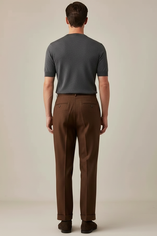 Pantalon Marron Plissé Laine Droit Élégant Hiver - vue 2