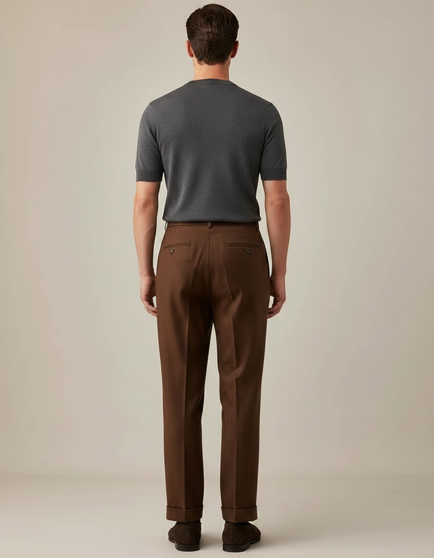 Pantalon Marron Plissé Laine Droit Élégant Hiver - vue 2