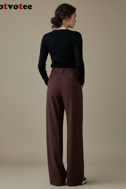 Pantalon Marron Élégant Ample Taille Haute Fluide - Bordeaux Viscose - vue 2