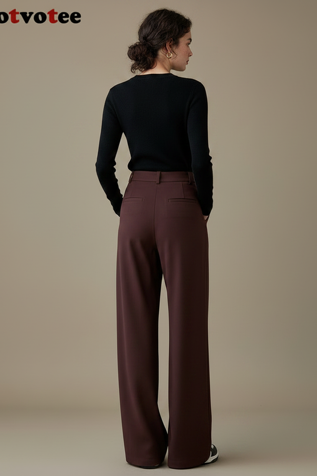 Pantalon Marron Élégant Ample Taille Haute Fluide - Bordeaux Viscose - vue 2