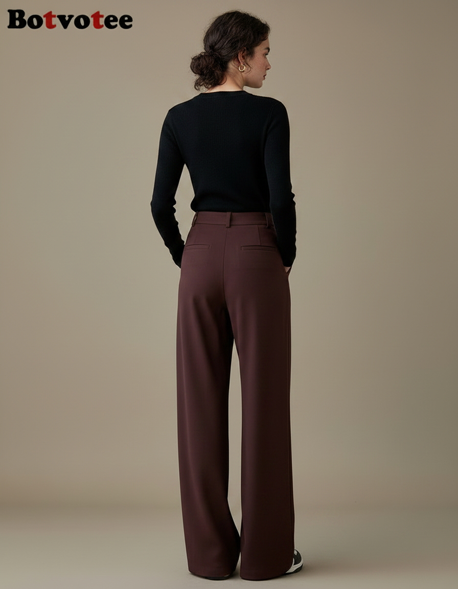 Pantalon Marron Élégant Ample Taille Haute Fluide - Bordeaux Viscose - vue 2