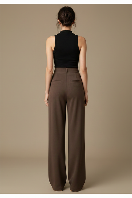 Pantalon Marron Taille Haute Ample Droit Élégant - Polyester - vue 2