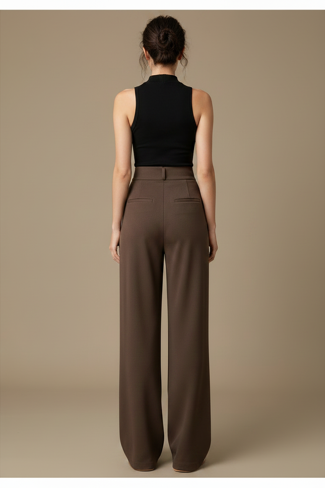 Pantalon Marron Taille Haute Ample Droit Élégant - Polyester - vue 2
