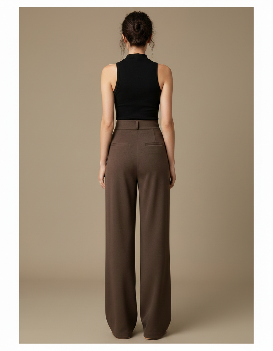 Pantalon Marron Taille Haute Ample Droit Élégant - Polyester - vue 2