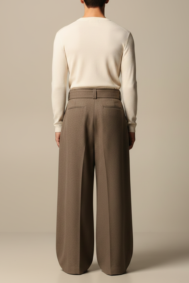Pantalon Marron Drapé Ample Ceinturé Plissé Élégant Homme - Laine - vue 2